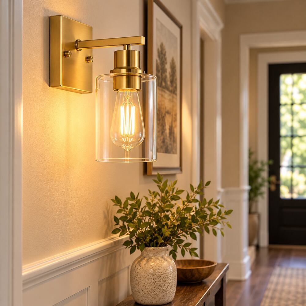 Gold Bathroom Vanity Light Modern Brass Wall Sconce Clear Glass Shade